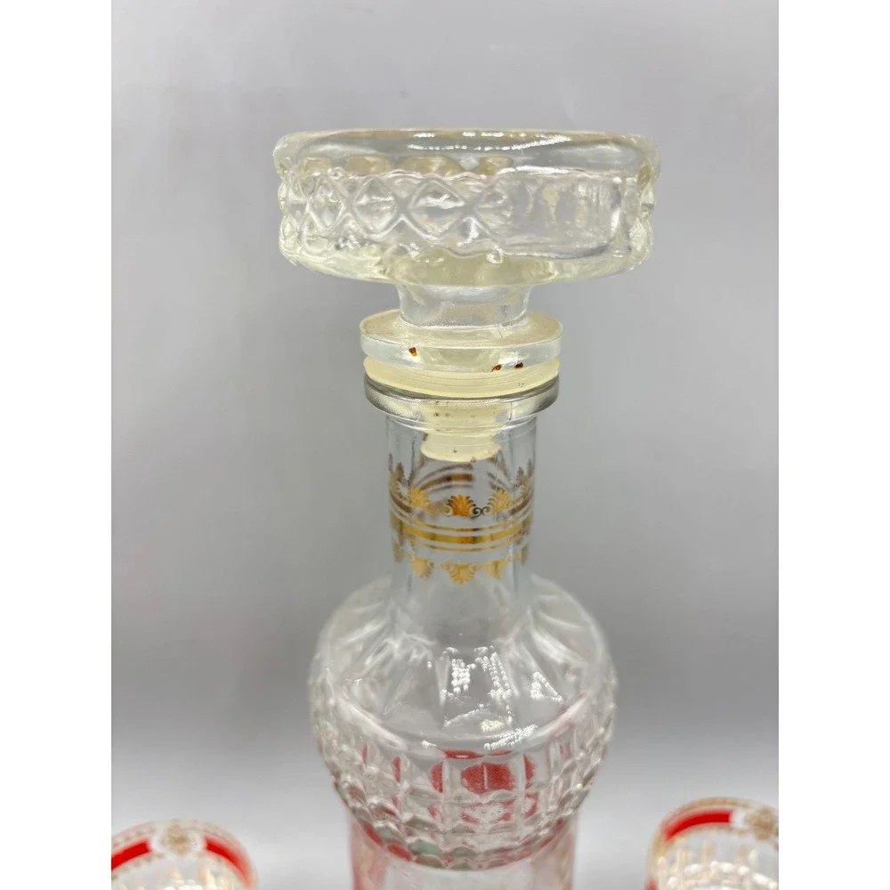 Vintage Red Gold Filigree Glass Decanter Set with 5 Cordial Glasses Bar EMPTY
